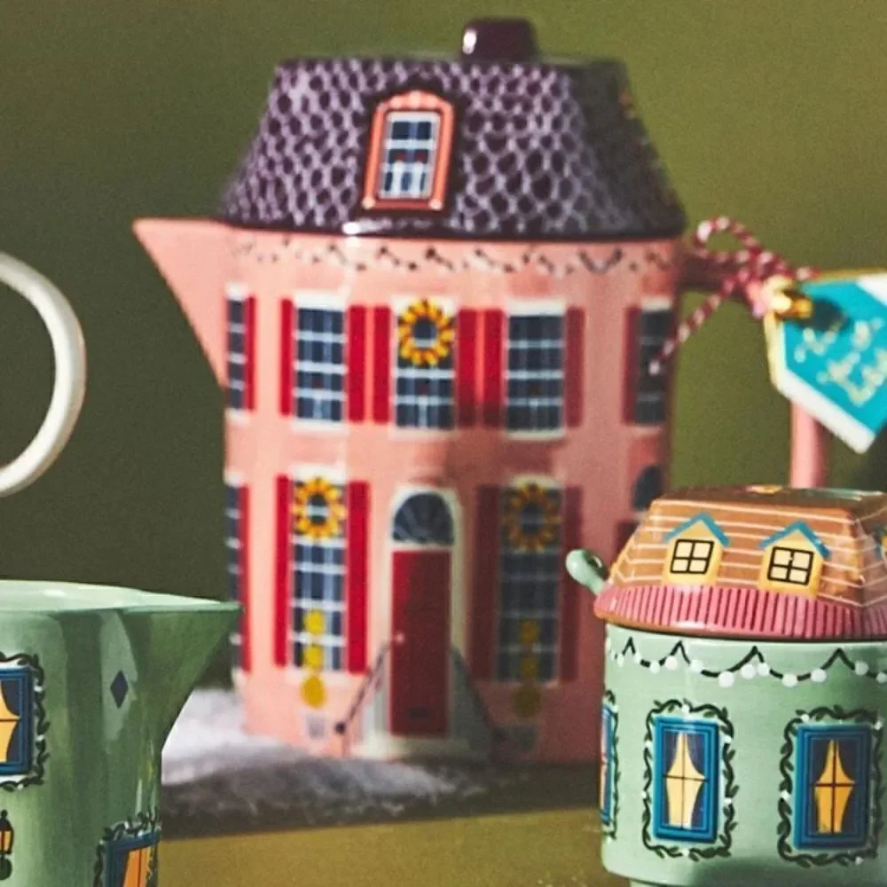 NWT ANTHROPOLOGIE Christmas Chalet Teapot Holiday House Pink Red